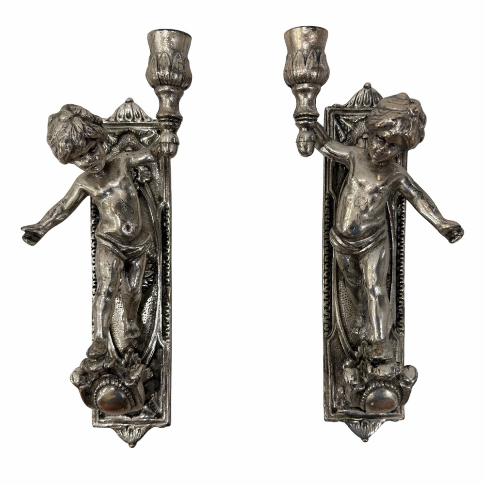 Pair of Italian Cherubines Jennini Wall Sconces Silver 11.5"
